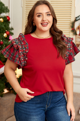 Plus Size Racing Red Plaid Pearl Ruffled Short Sleeve Knitted Christmas Holiday  T-shirt