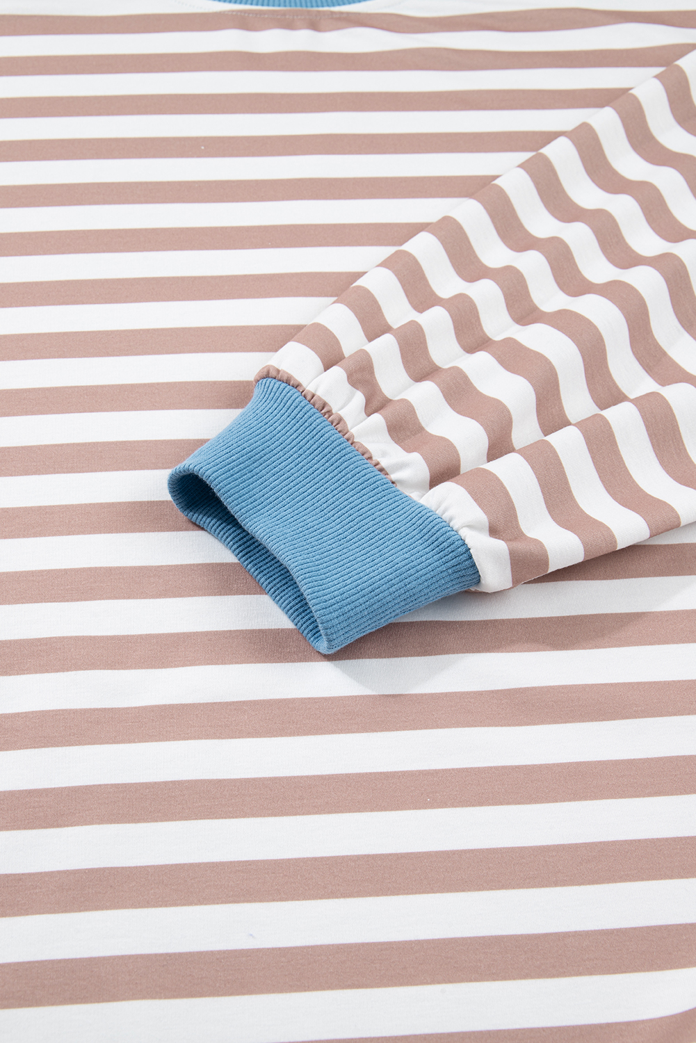 Plus Size Khaki Stripe Contrast Edge Drop Shoulder Pullover and Shorts  Set