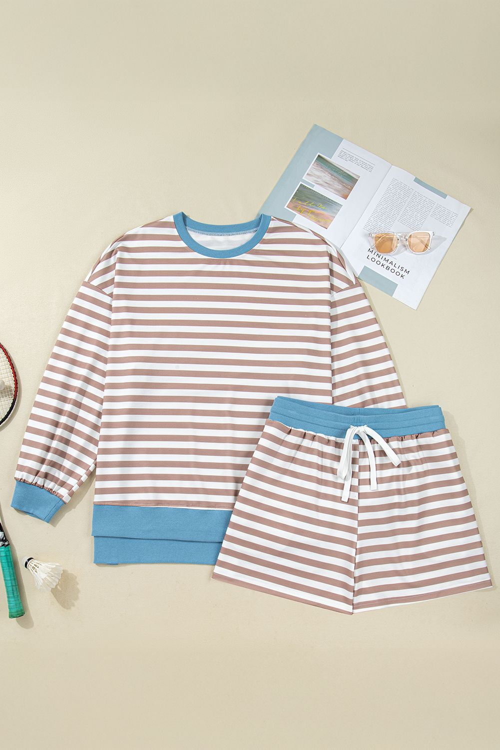 Plus Size Khaki Stripe Contrast Edge Drop Shoulder Pullover and Shorts  Set