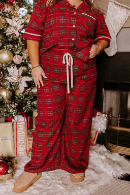 Plus Size Red  Plaid Short Sleeve Shirt Loose Pants 2pcs Pajama Set