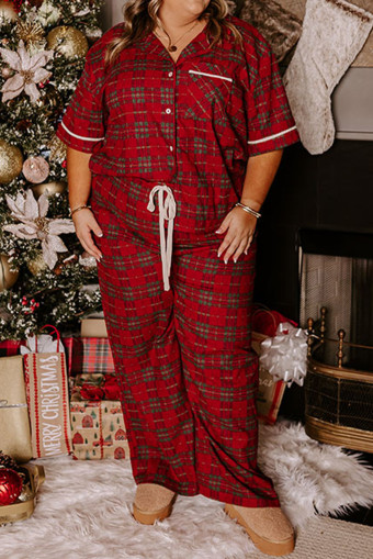 Plus Size Red  Plaid Short Sleeve Shirt Loose Pants 2pcs Pajama Set