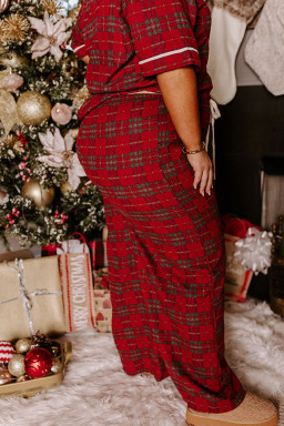 Plus Size Red  Plaid Short Sleeve Shirt Loose Pants 2pcs Pajama Set