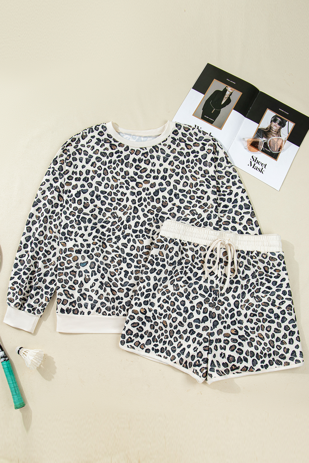 Plus Size Khaki  Leopard Loose Pullover Casual Shorts 2pcs Outfit