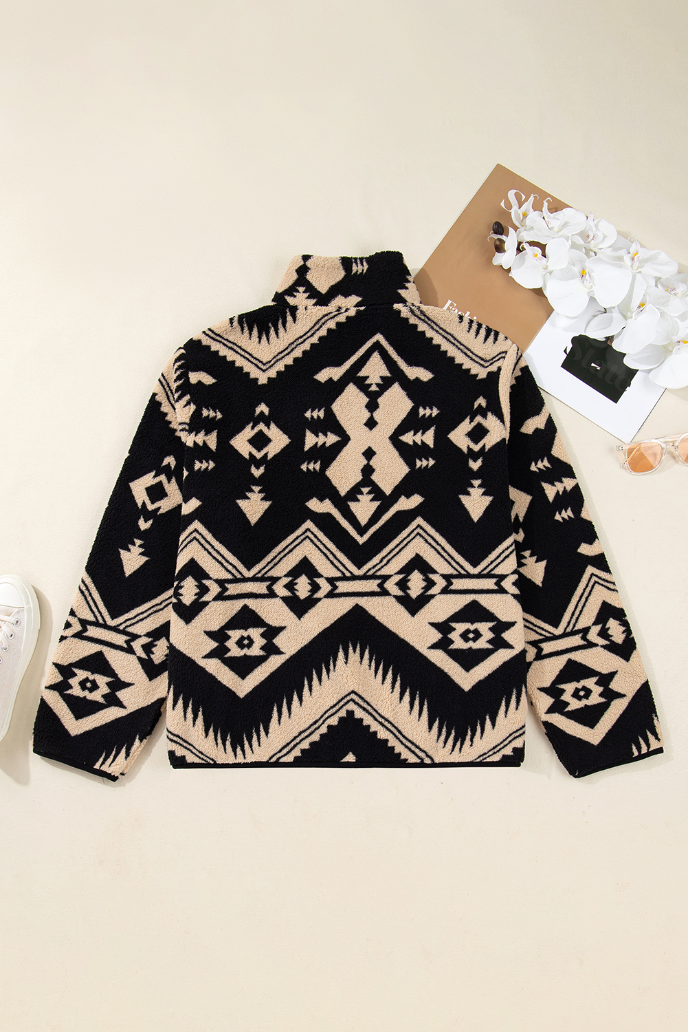 Plus Size Black  Western Aztec Pattern Half Button Collared Plush Sweatshirt