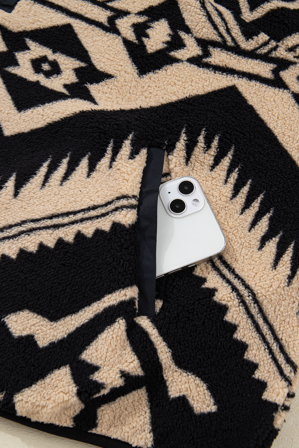 Plus Size Black  Western Aztec Pattern Half Button Collared Plush Sweatshirt