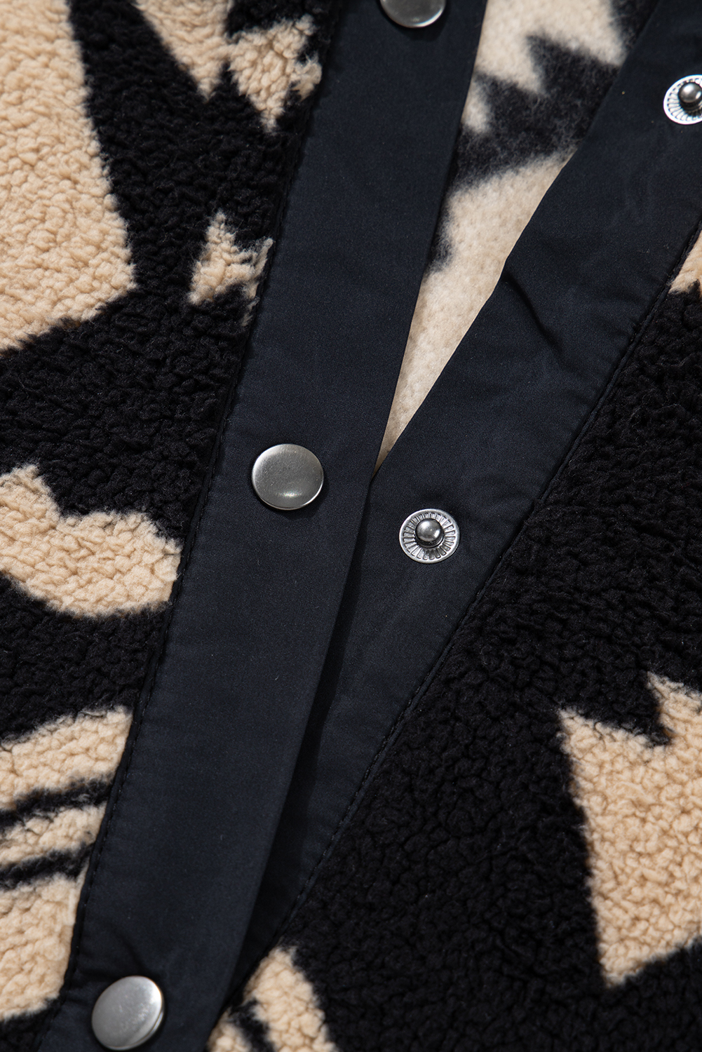 Plus Size Black  Western Aztec Pattern Half Button Collared Plush Sweatshirt