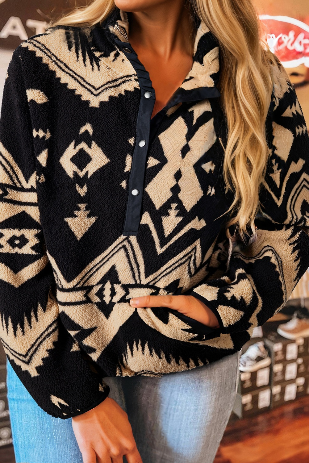 Plus Size Black  Western Aztec Pattern Half Button Collared Plush Sweatshirt