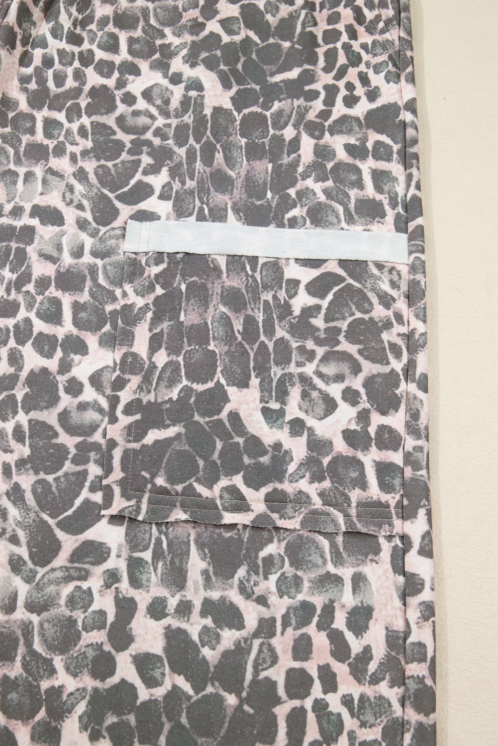 Plus Size Khaki  Leopard Print Raw Edge Patch Pocket Drawstring Loose Pants