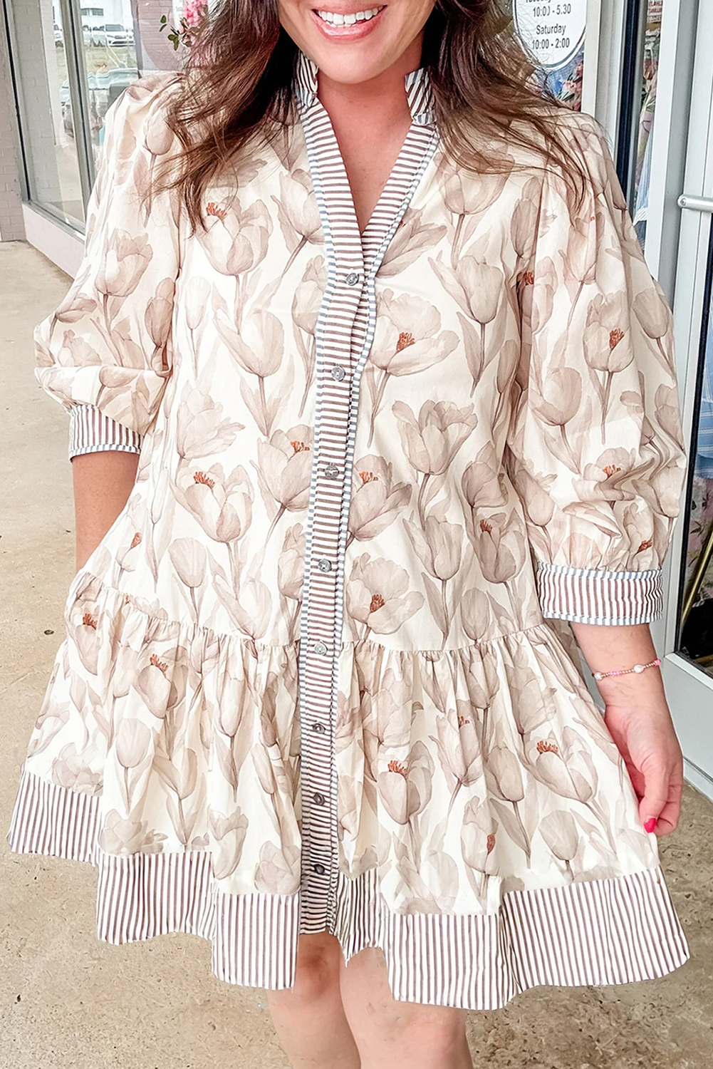 Plus Size Khaki  Floral Print Striped Trim Patchwork Button Down A-line Dress