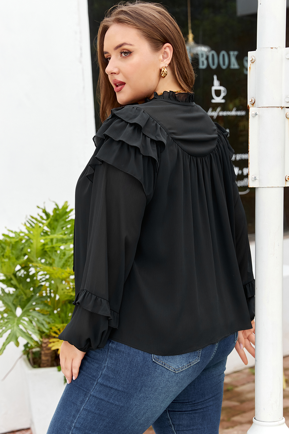 Plus Size Black Ruffle Balloon Sleeve Chiffon Elegant  Shirt