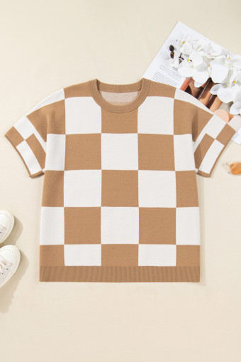 Plus Size Light French Beige  Checkered Pattern Knit Short Sleeve Sweater