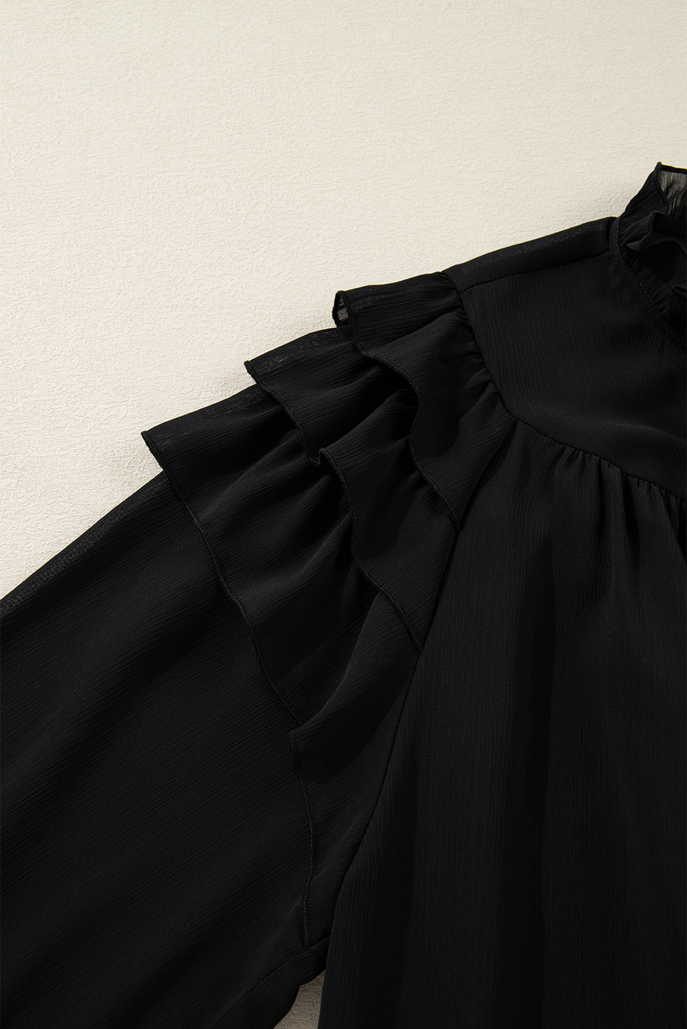 Plus Size Black Ruffle Balloon Sleeve Chiffon Elegant  Shirt