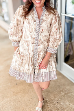 Plus Size Khaki  Floral Print Striped Trim Patchwork Button Down A-line Dress