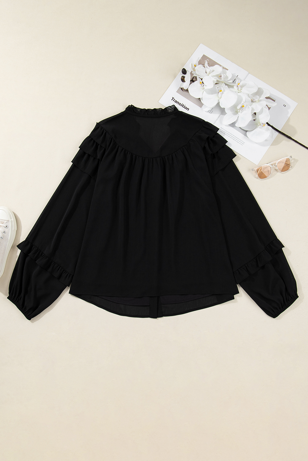 Plus Size Black Ruffle Balloon Sleeve Chiffon Elegant  Shirt