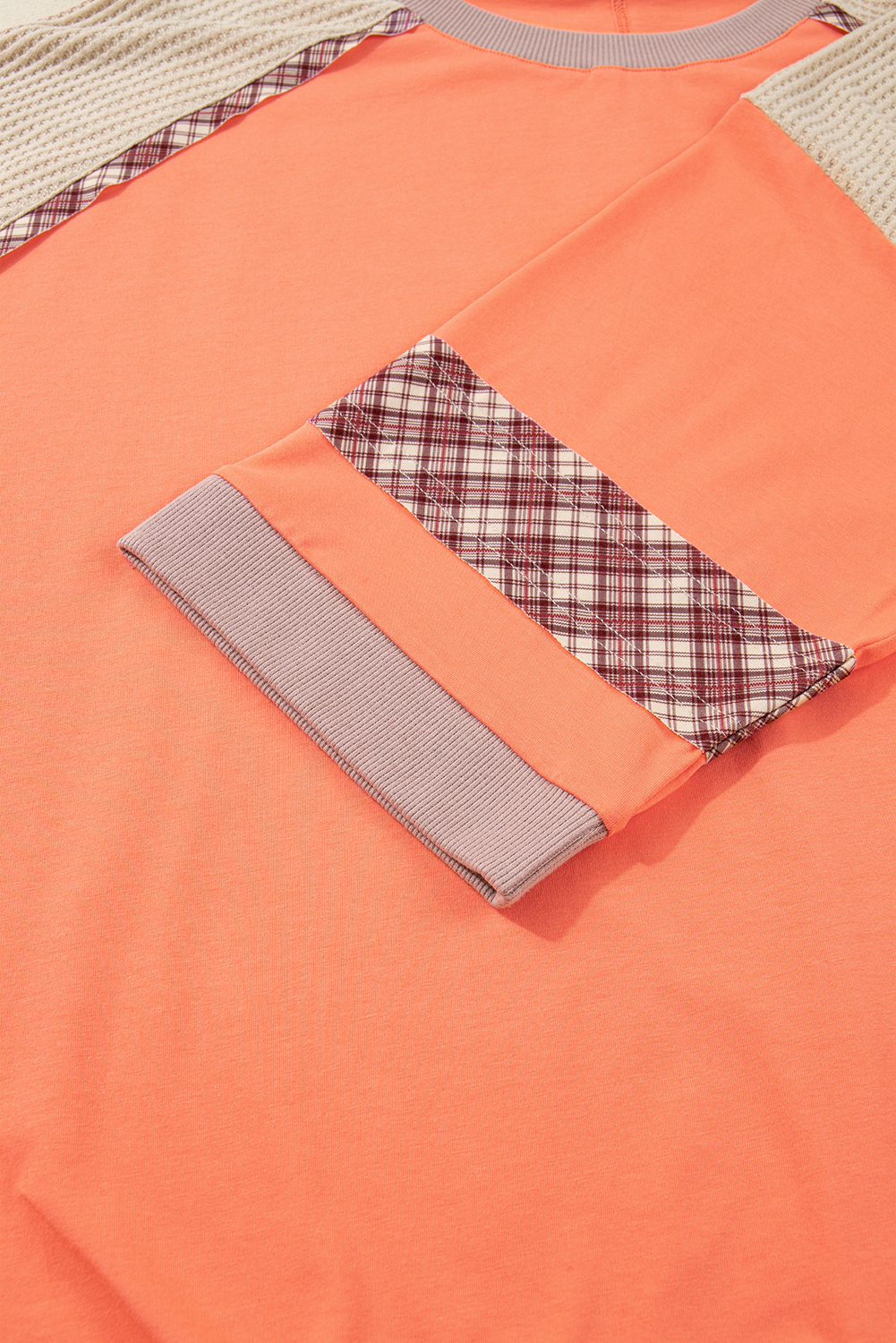 Plus Size Grapefruit Orange Plaid Flower Waffle Patched  3/4 Sleeve Top