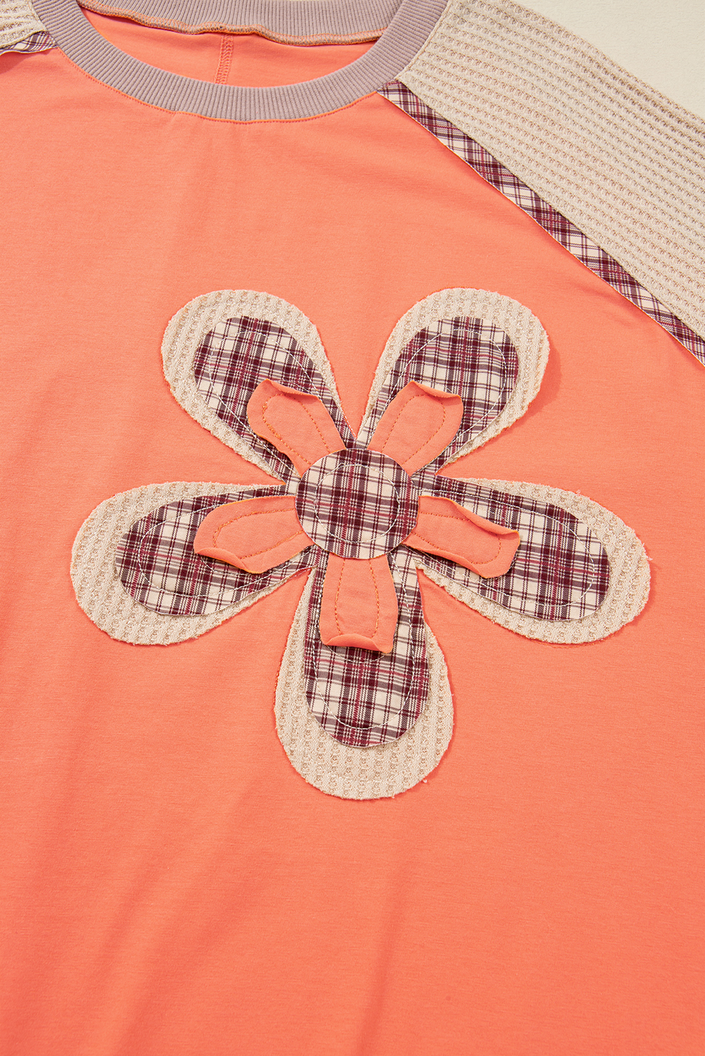 Plus Size Grapefruit Orange Plaid Flower Waffle Patched  3/4 Sleeve Top