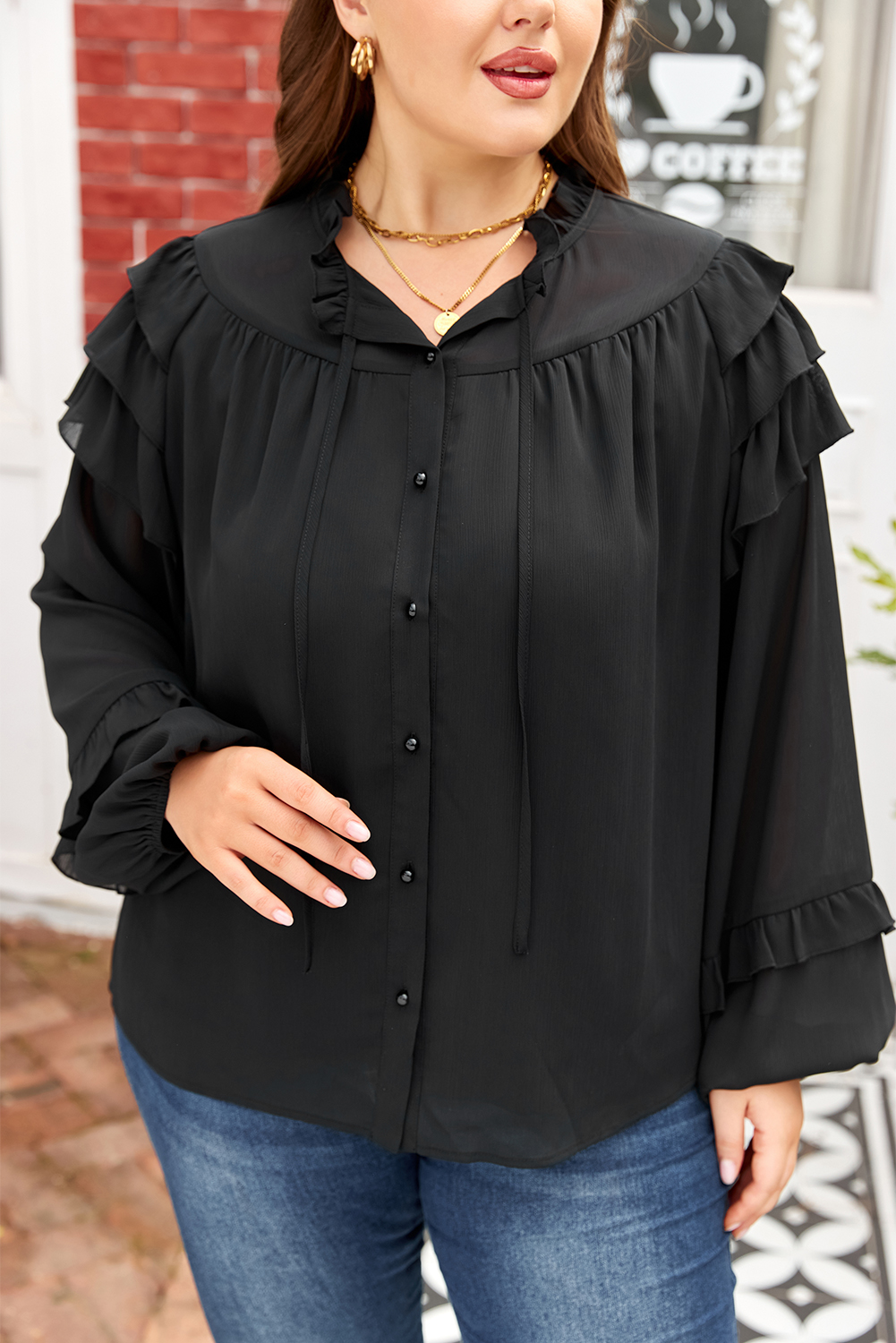 Plus Size Black Ruffle Balloon Sleeve Chiffon Elegant  Shirt