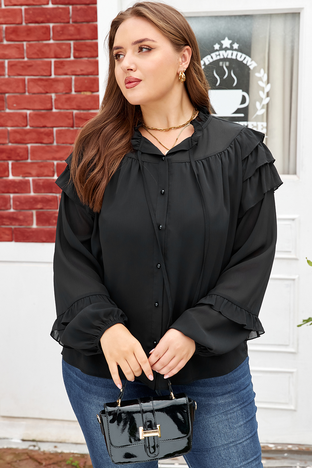 Plus Size Black Ruffle Balloon Sleeve Chiffon Elegant  Shirt