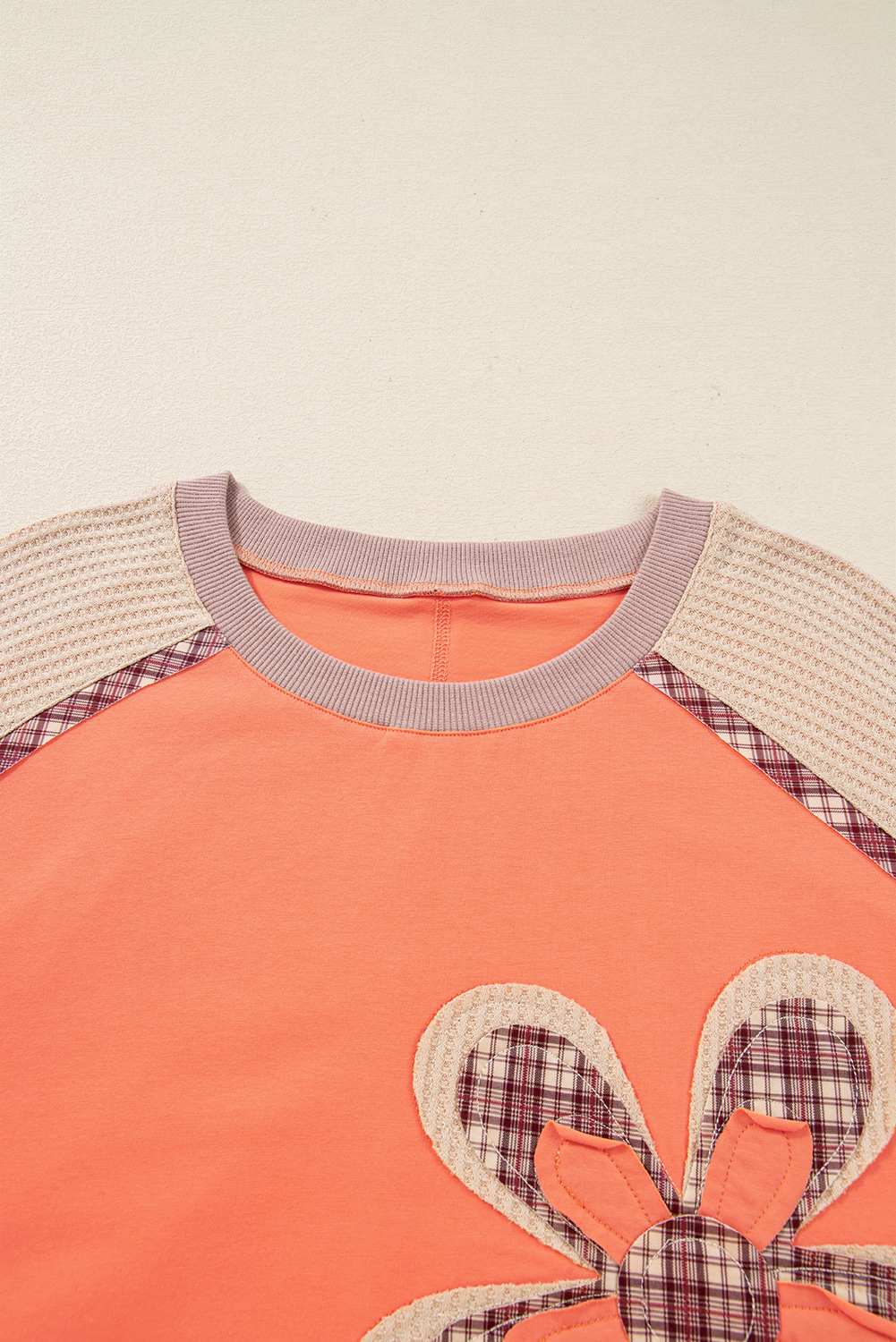 Plus Size Grapefruit Orange Plaid Flower Waffle Patched  3/4 Sleeve Top