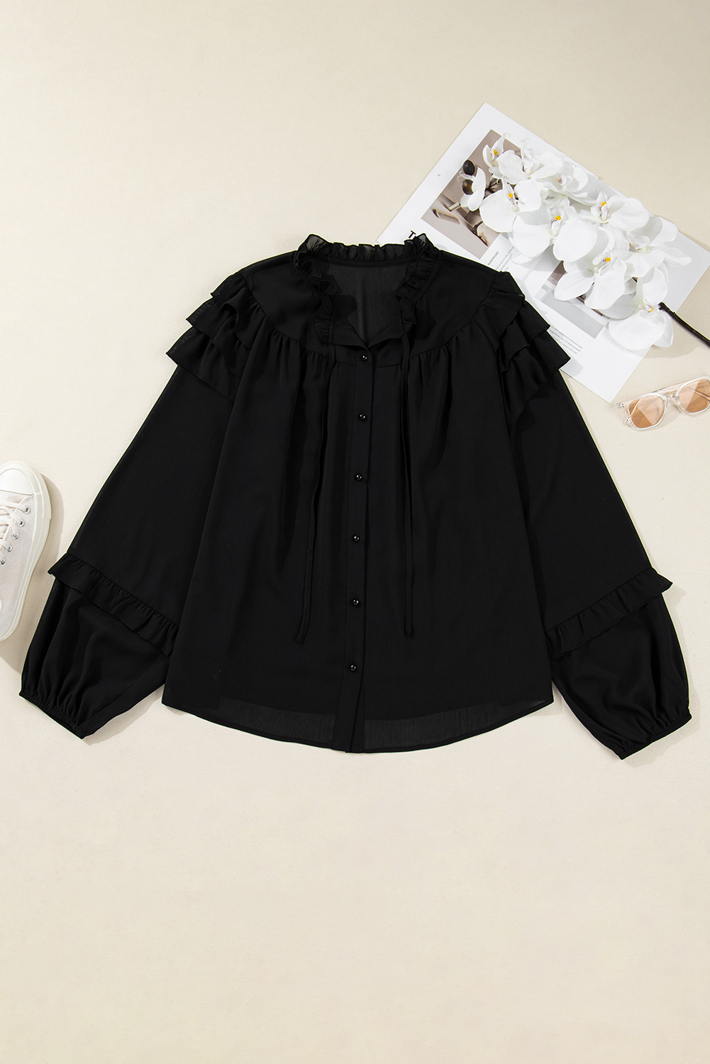 Plus Size Black Ruffle Balloon Sleeve Chiffon Elegant  Shirt