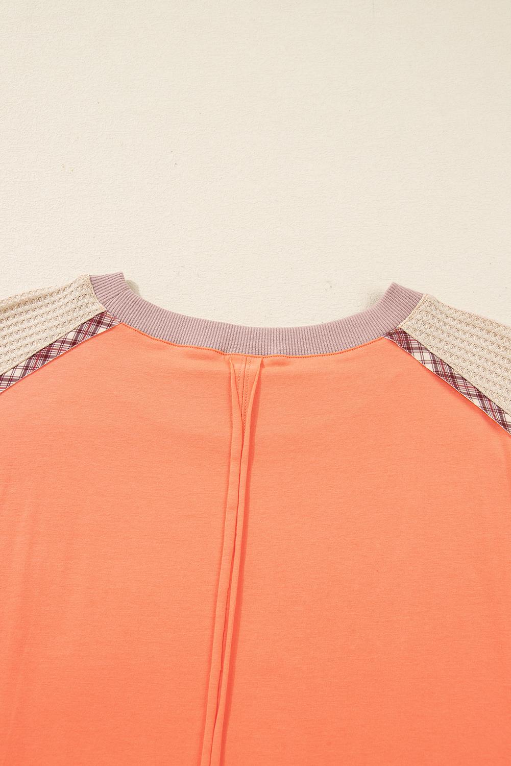 Plus Size Grapefruit Orange Plaid Flower Waffle Patched  3/4 Sleeve Top