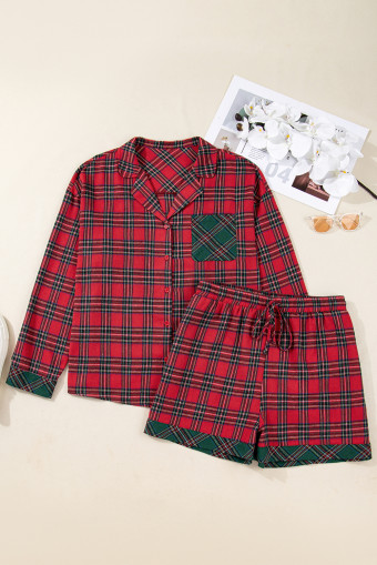 Plus Size Red  Plaid Contrast Patchwork Long Sleeve Shirt and Shorts 2pcs Pajama Set