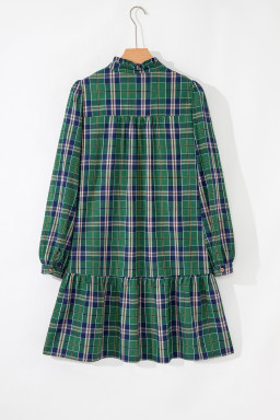 Plus Size Green  Plaid Long Sleeve Notched Neck Shift Mini Dress