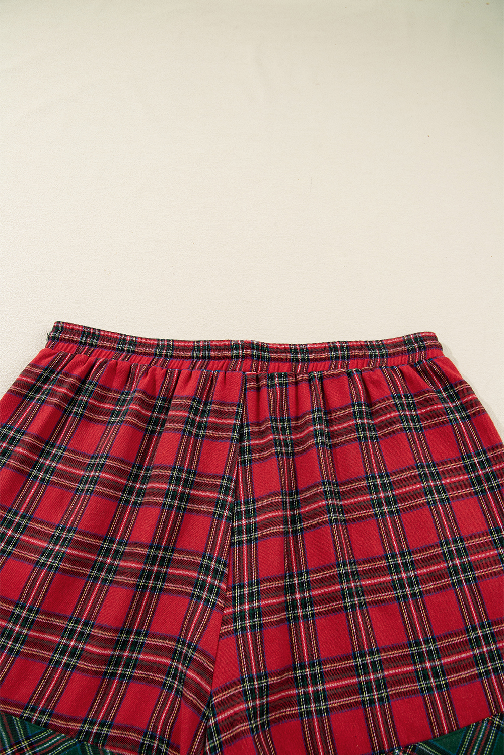 Plus Size Red  Plaid Contrast Patchwork Long Sleeve Shirt and Shorts 2pcs Pajama Set