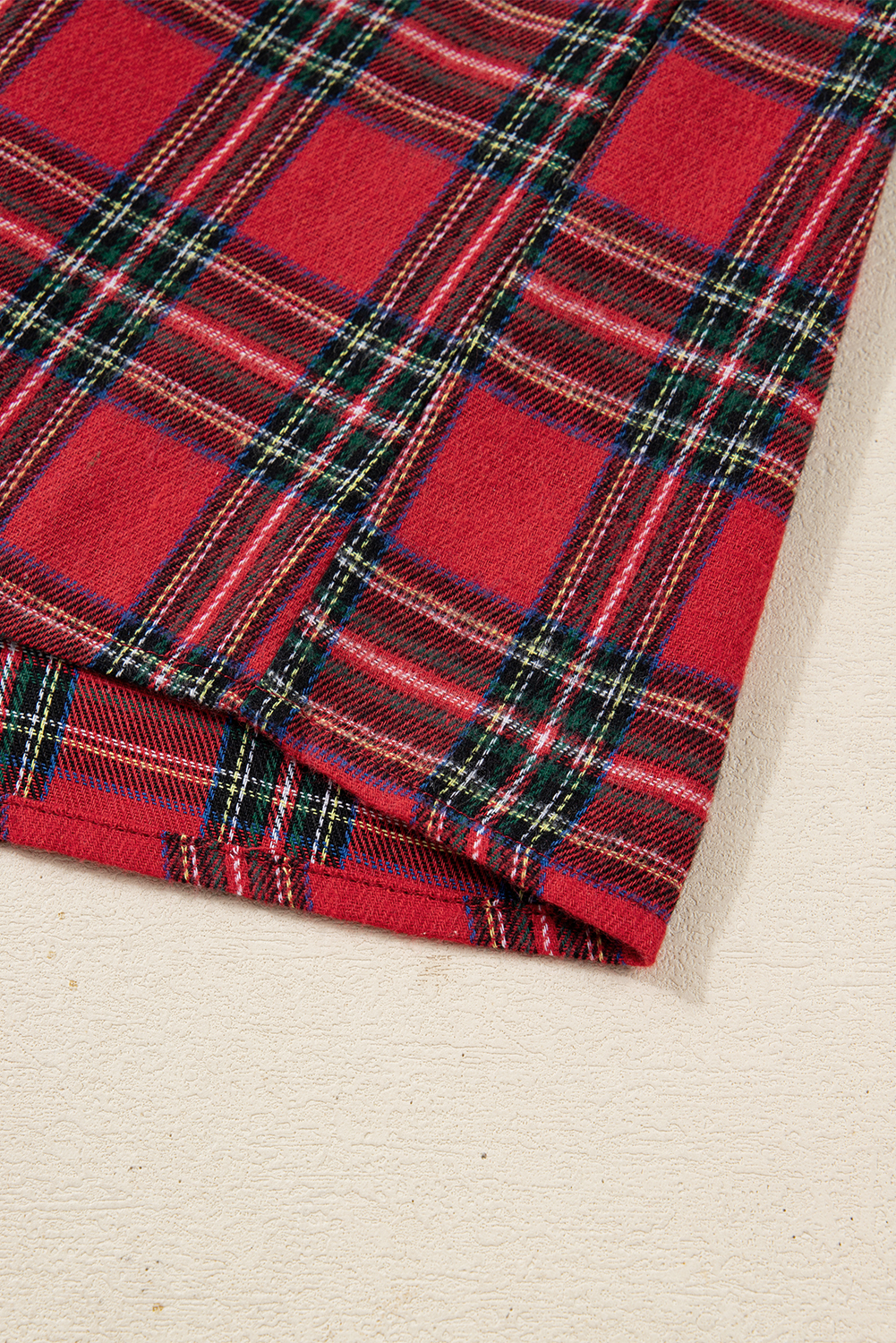 Plus Size Red  Plaid Contrast Patchwork Long Sleeve Shirt and Shorts 2pcs Pajama Set