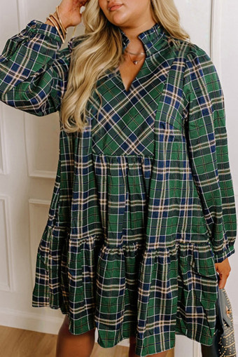 Plus Size Green  Plaid Long Sleeve Notched Neck Shift Mini Dress