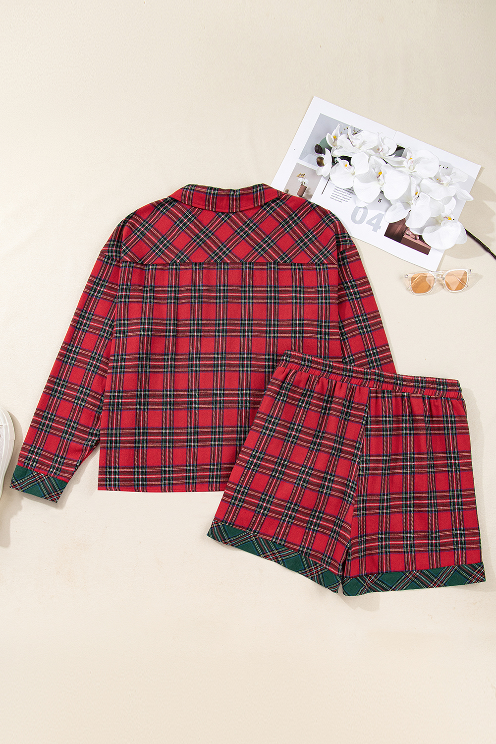 Plus Size Red  Plaid Contrast Patchwork Long Sleeve Shirt and Shorts 2pcs Pajama Set