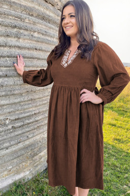 Plus Size Coffee Embroidered Notched Neckline Textured Pleated High Waist  Midi Dress