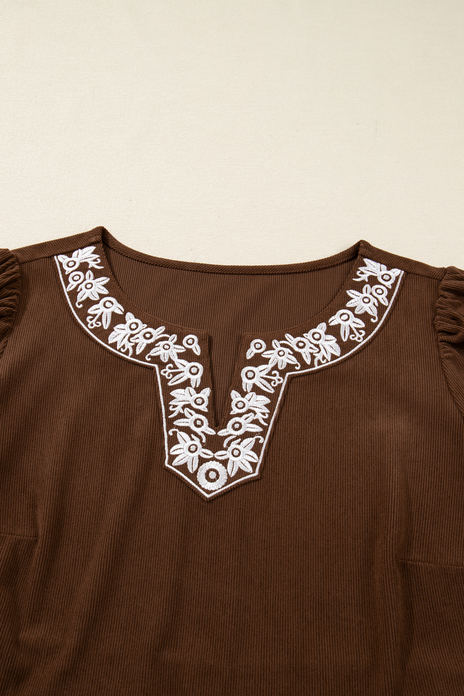 Plus Size Coffee Embroidered Notched Neckline Textured Pleated High Waist  Midi Dress