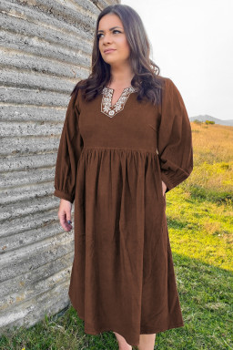 Plus Size Coffee Embroidered Notched Neckline Textured Pleated High Waist  Midi Dress