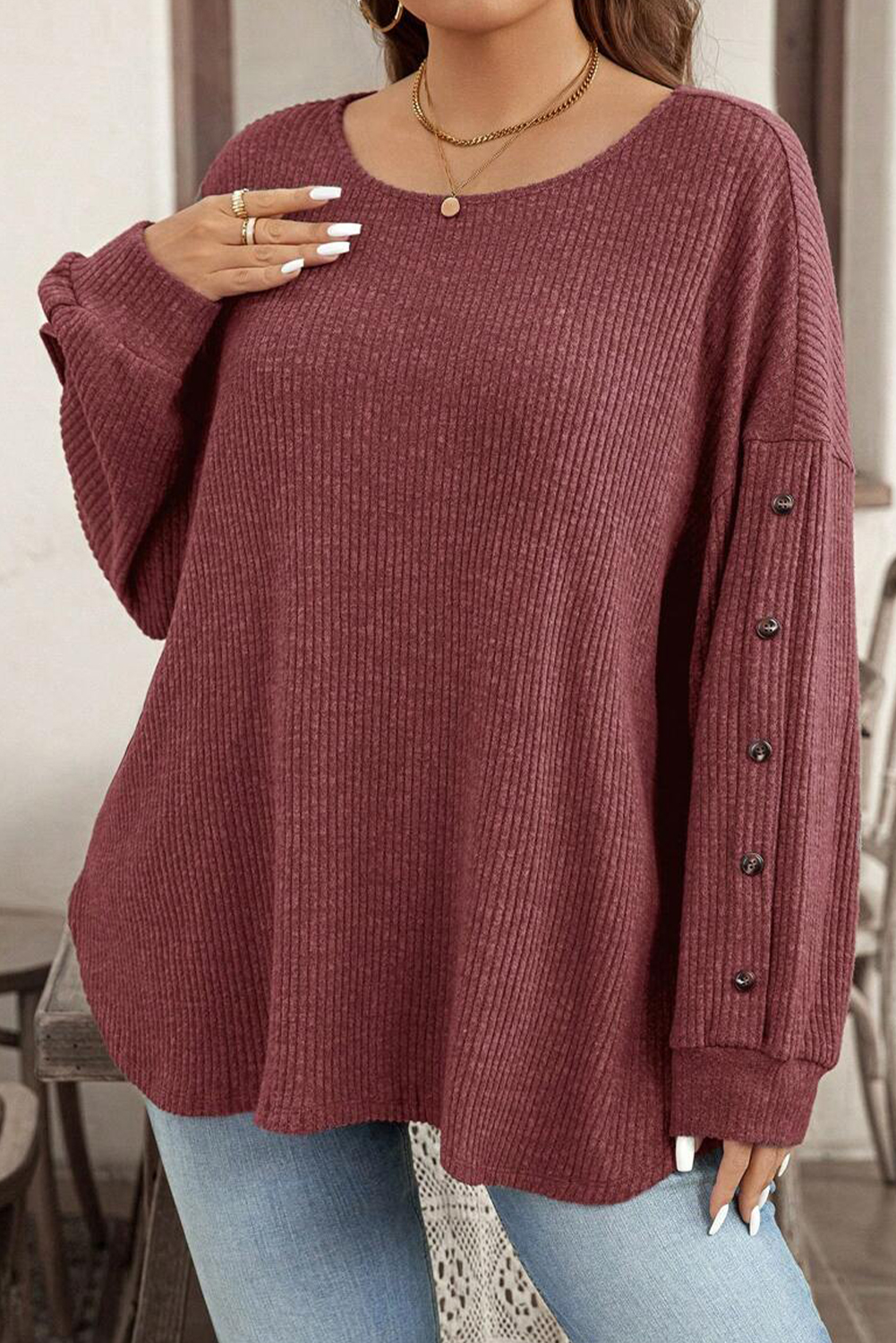 Plus Size Wild Ginger  Ribbed Button Decor Long Sleeve Loose Top