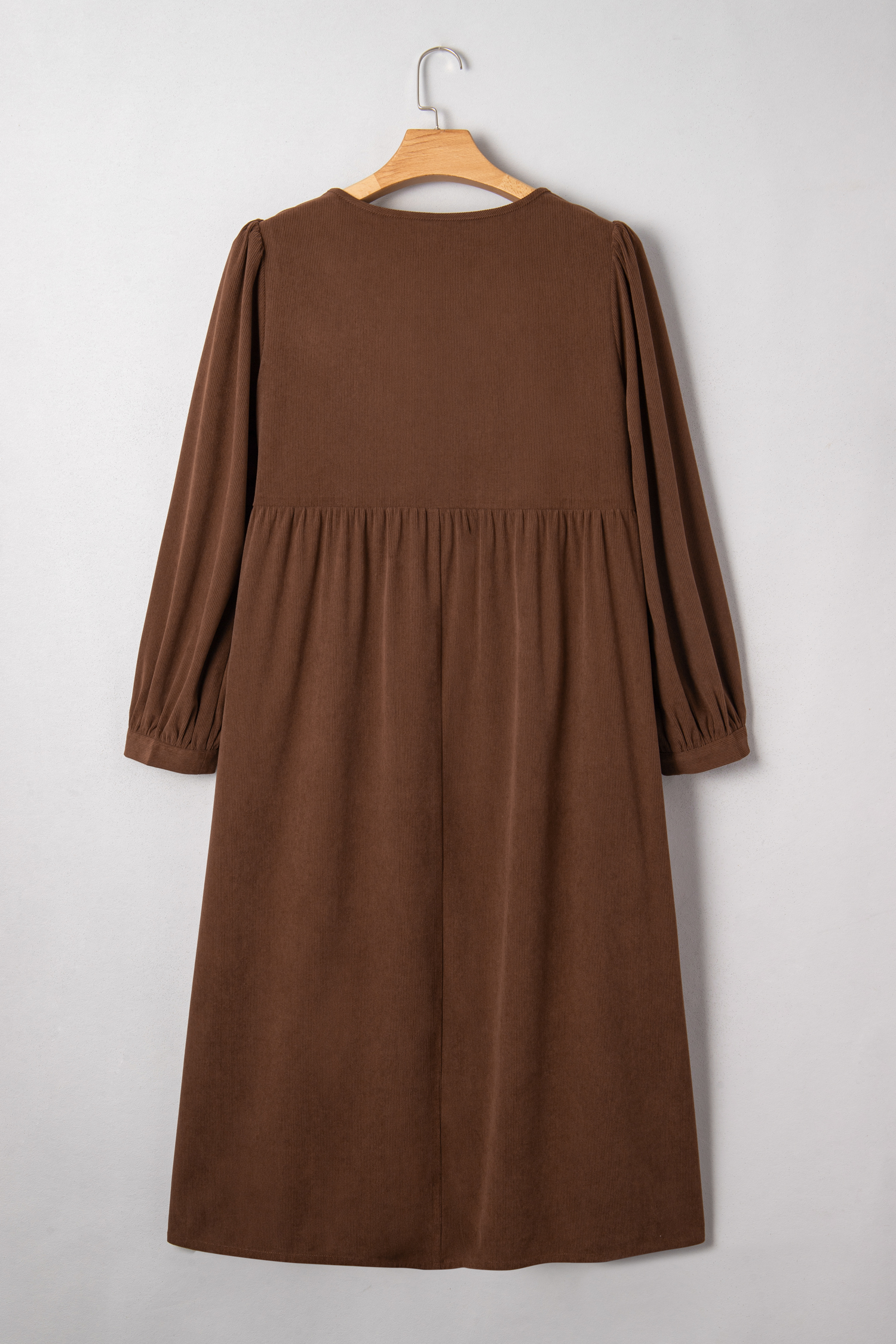 Plus Size Coffee Embroidered Notched Neckline Textured Pleated High Waist  Midi Dress