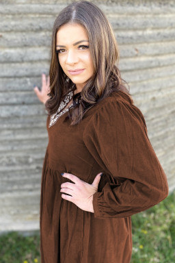 Plus Size Coffee Embroidered Notched Neckline Textured Pleated High Waist  Midi Dress