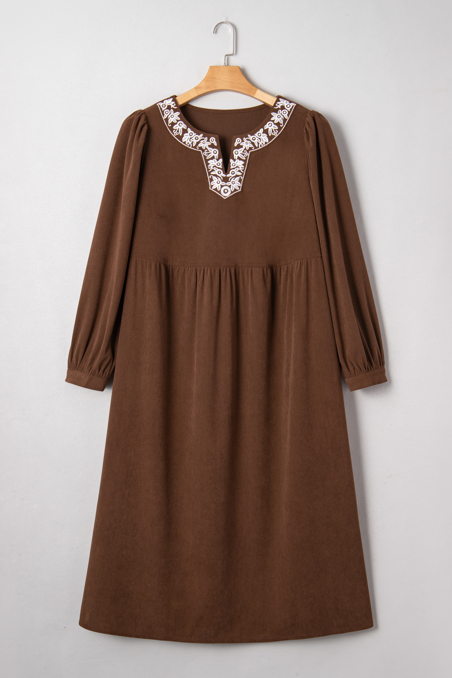 Plus Size Coffee Embroidered Notched Neckline Textured Pleated High Waist  Midi Dress