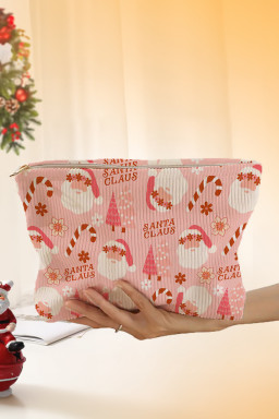 Pink Christmas Fashion Print Corduroy Zip Up Cosmetic Bag