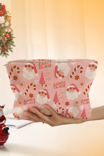 Pink Christmas Fashion Print Corduroy Zip Up Cosmetic Bag