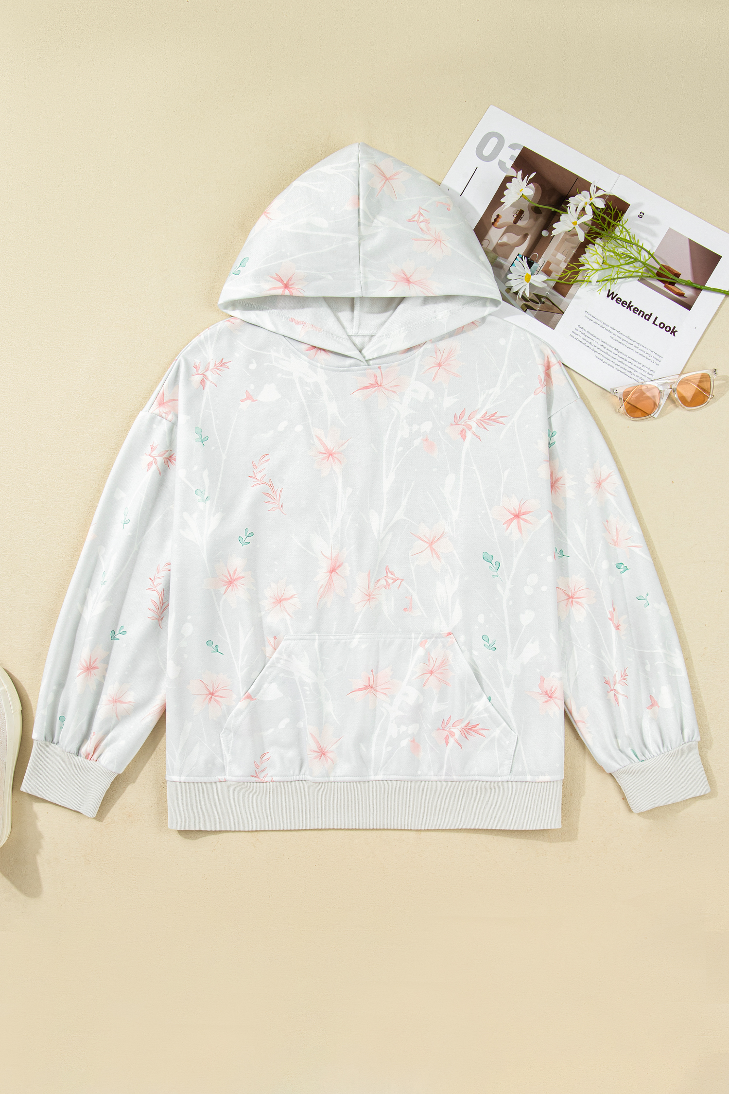 Plus Size Gray Floral Print  Loose Hoodie