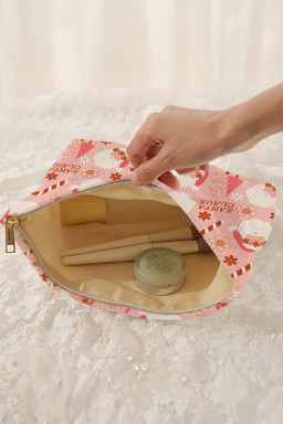 Pink Christmas Fashion Print Corduroy Zip Up Cosmetic Bag