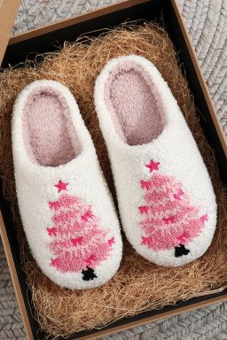 White Plush Christmas Tree Color Contrasted Liner House Slippers