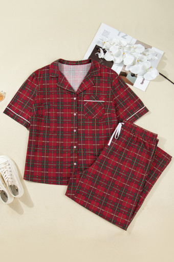 Plus Size Red  Plaid Short Sleeve Shirt Loose Pants 2pcs Pajama Set