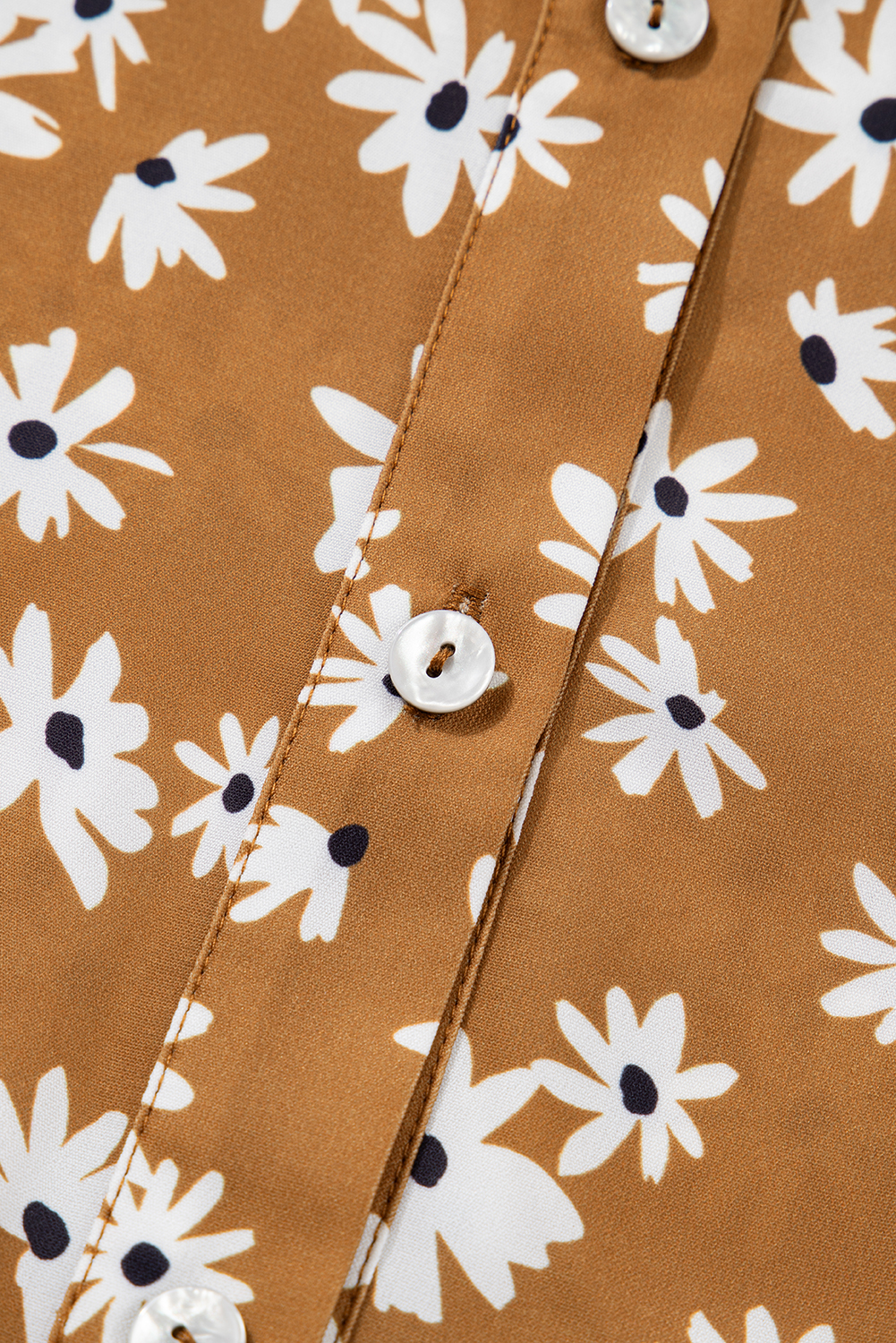 Plus Size Khaki  Daisy Floral Print Button Split Neck Puff Sleeve Dress