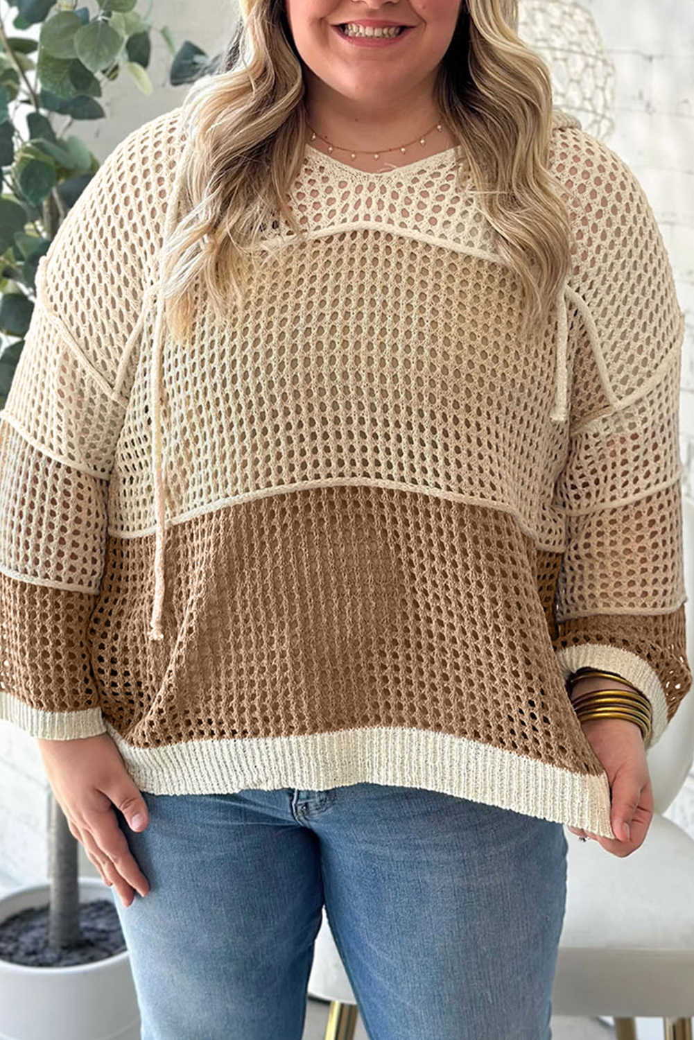 Plus Size Parchment Colorblock Hollowed Knit  Hooded Jumper Sweater