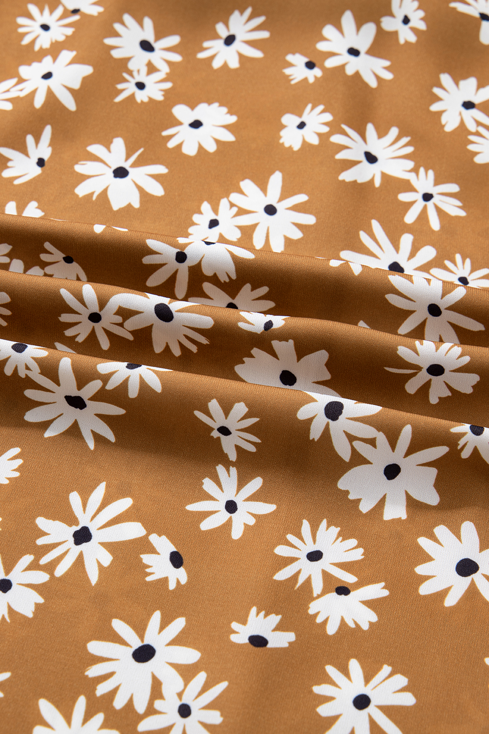 Plus Size Khaki  Daisy Floral Print Button Split Neck Puff Sleeve Dress