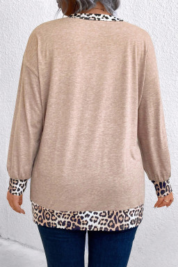 Plus Size Parchment Leopard Patchwork V Neck Long Sleeve  Top