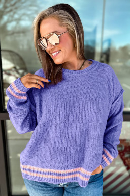 Plus Size Wisteria  Striped Trim Drop Shoulder Knit Loose Sweater
