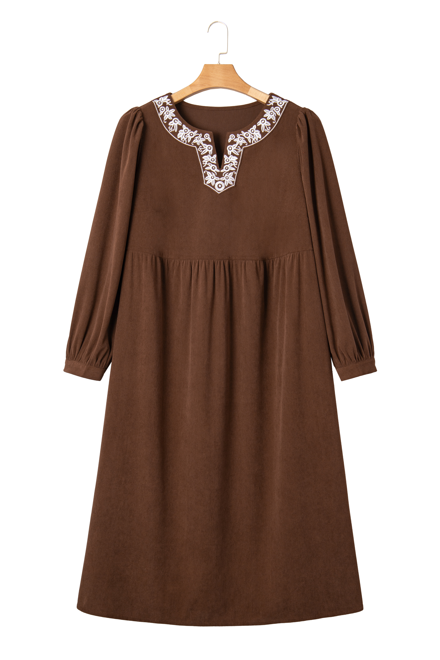 Plus Size Coffee Embroidered Notched Neckline Textured Pleated High Waist  Midi Dress
